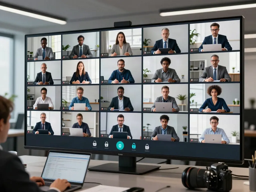 Deepfake protected Conferencing with professionals engaged on video call using secure technology.