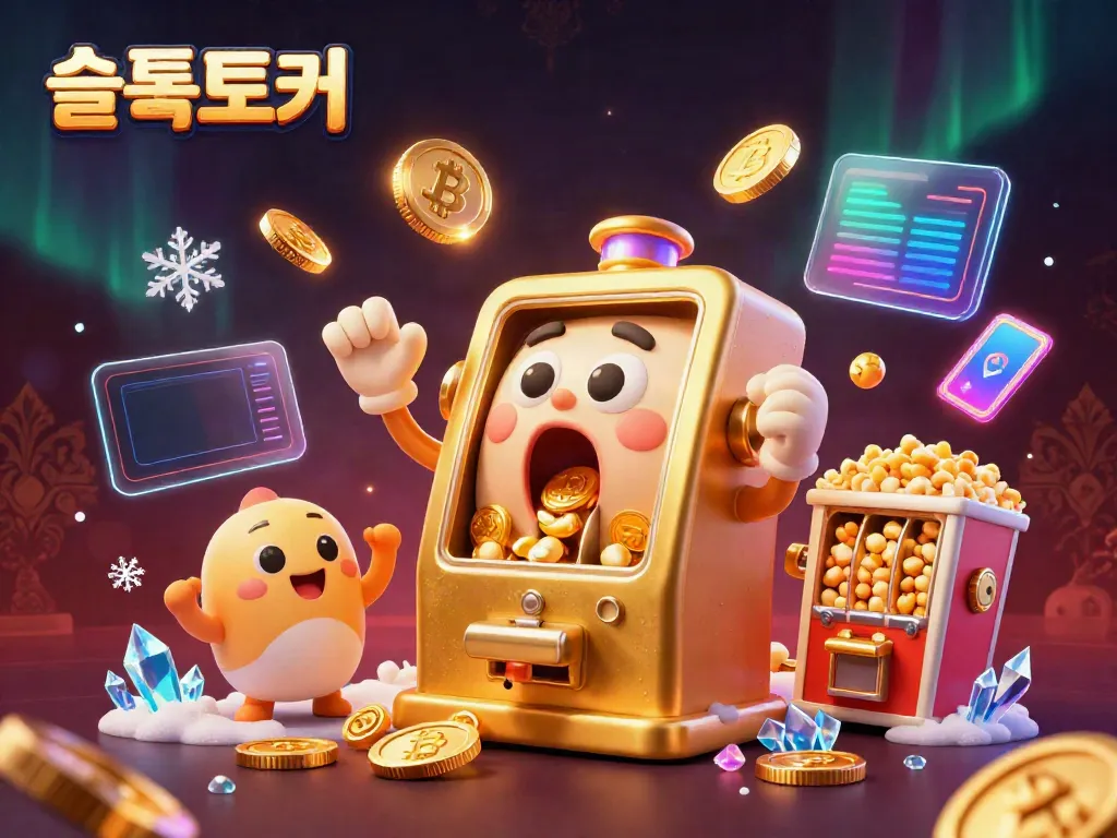Experience the excitement with 슬롯토커 as a golden slot machine wins big, surrounded by festive digital elements.