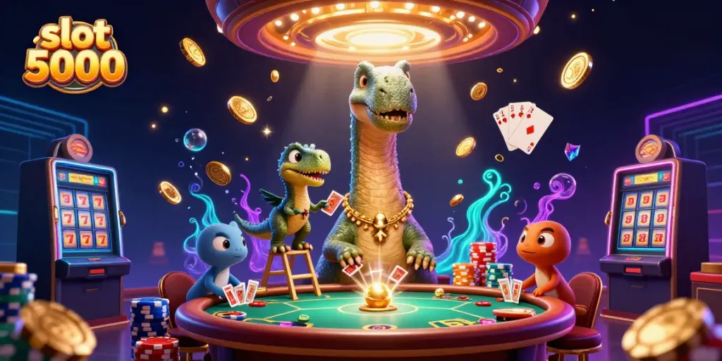 Experience thrilling action with slot 5000 as the brontosaurus towers above a vibrant casino scene.