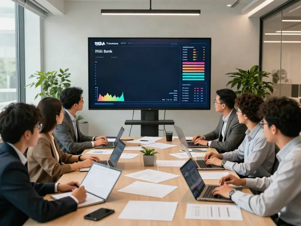 Team of financial analysts discussing trends among the top banks in the USA.
