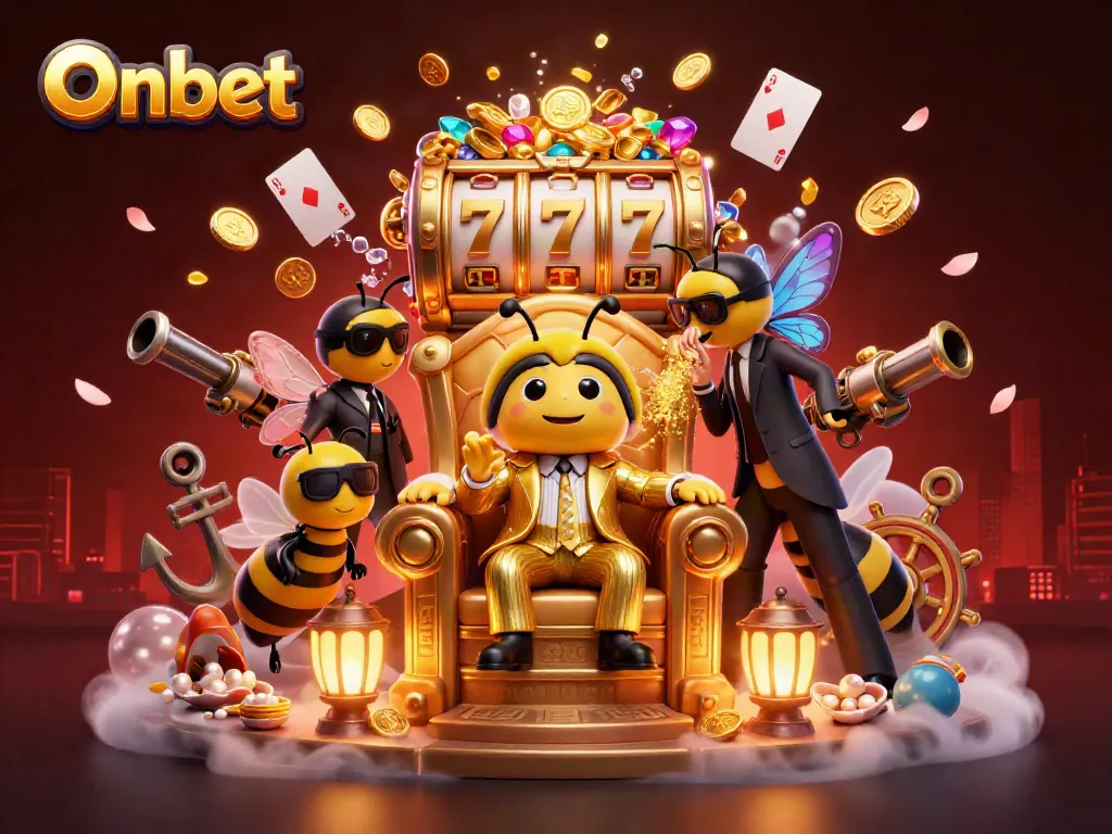 Experience thrilling gaming action with Onbet at its vibrant casino, featuring a lively scene filled with playful characters.