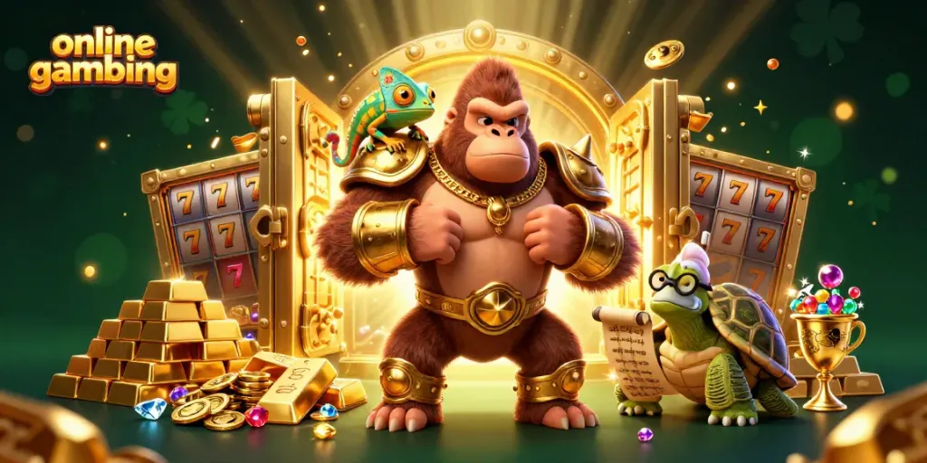 Engaging scene of online gambling featuring a gorilla king and chameleon with gambling treasures.