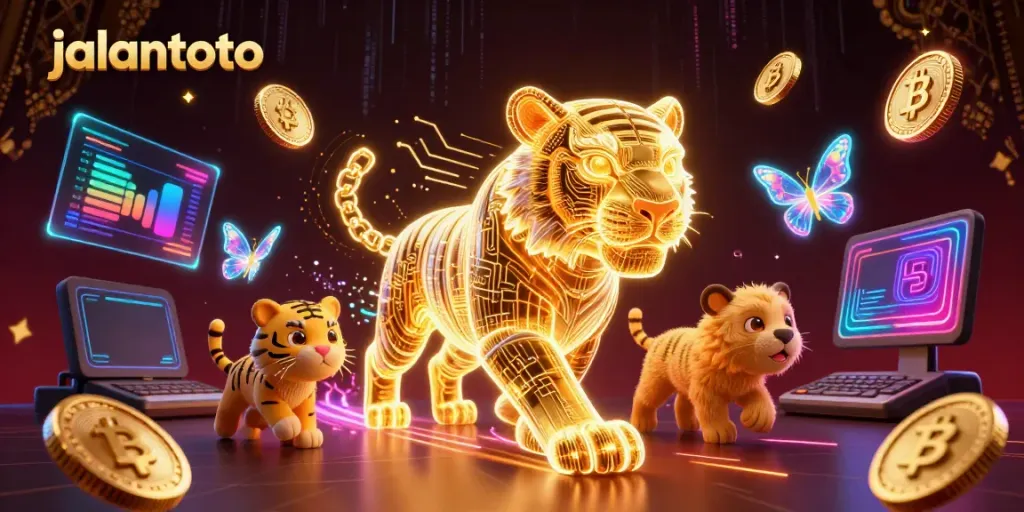 Menang di jalantoto dengan ilustrasi harimau emas bercahaya dan elemen digital kasino