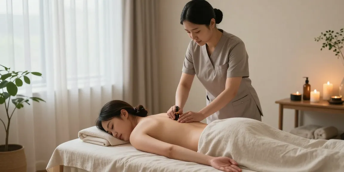 Indulge in 인천출장마사지 with a serene spa scene featuring a tranquil massage therapy session, showcasing natural light and calming elements.