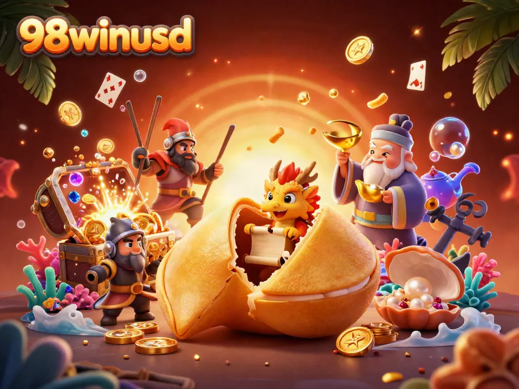 Experience the excitement of 98winusd with this vibrant illustration featuring a golden fortune cookie and a tiny dragon.