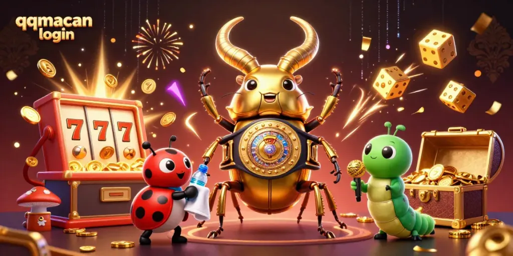 Experience the thrill of gambling with the qqmacan login featuring a dramatic scene of a golden beetle boxing champion alongside exciting casino games.