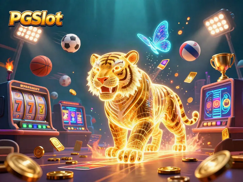 Experience the excitement of PGSlot with a golden tiger in a vibrant casino scene filled with jackpots and sports elements.