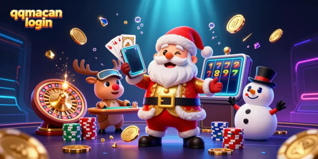 Experience thrilling gaming action with qqmacan login as Santa, his reindeer dealer, and poker chip snowman celebrate.