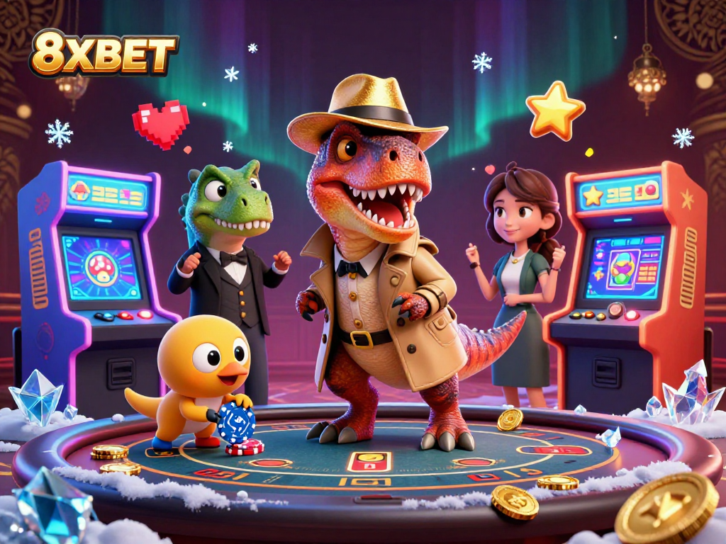 8XBET welcomes players to a vibrant casino scene with cartoon characters engaging in blackjack action and arcade excitement.