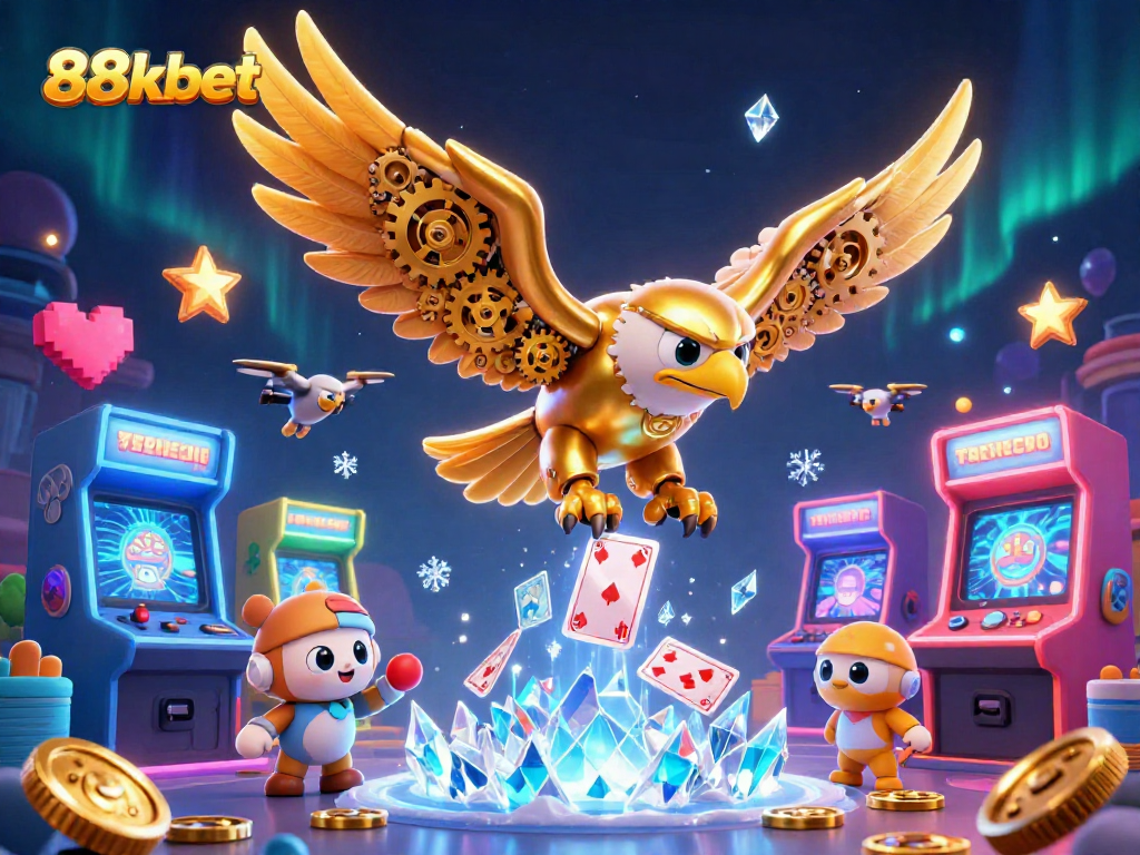 Experience the thrill of 88kbet with a vibrant 3D illustration featuring a cybernetic eagle and arcade games.