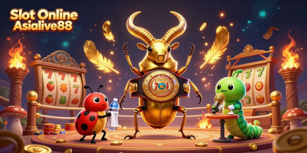 Experience the thrill of Slot Online Asialive88 with a vibrant 3D illustration featuring a golden stag beetle.