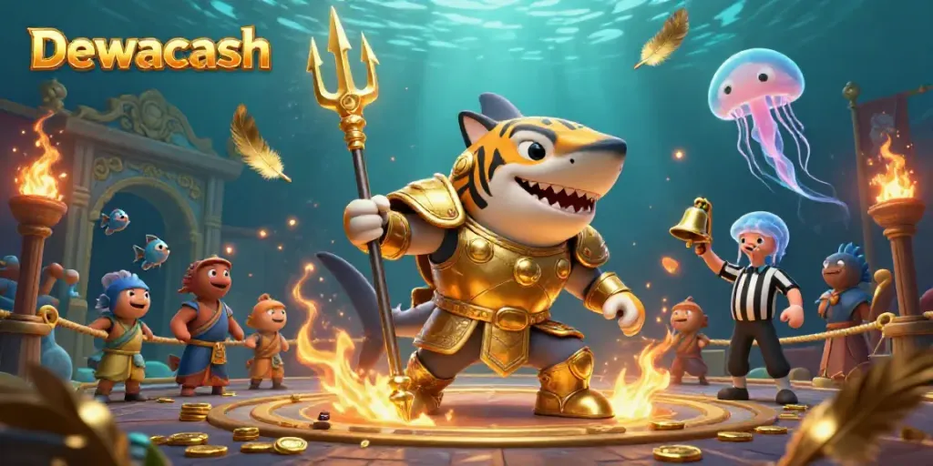 Dewacash showcases a dynamic underwater colosseum with a tiger shark in gladiator armor amidst a colorful festive scene.
