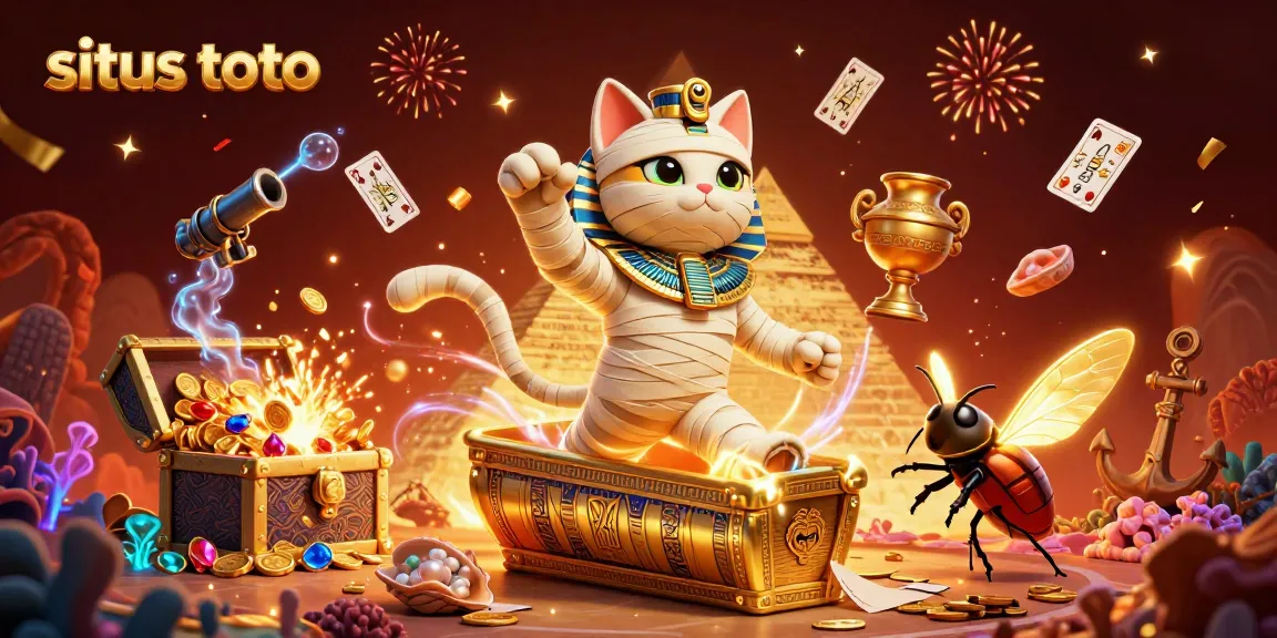Permainan situs toto dengan karakter kucing mumia dan kartu hieroglif di kasino piramida.