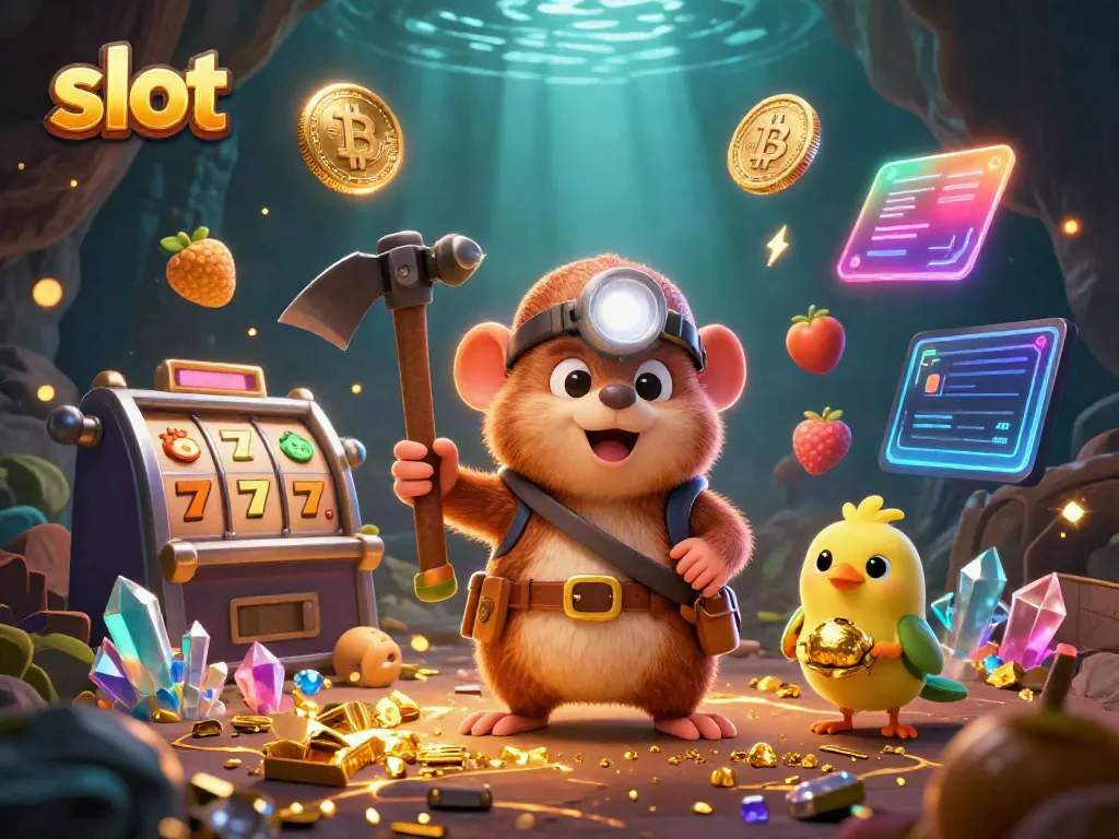 Spin the exciting slot machine with vivid symbols and treasures in this vibrant 3D illustration.