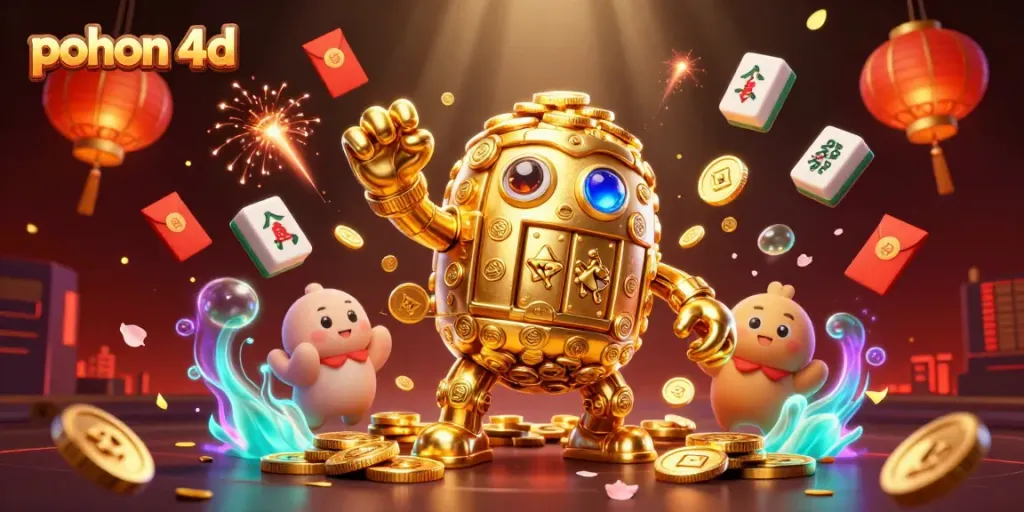 Experience the excitement of pohon 4d with a vibrant 3D animated golden golem surrounded by dynamic casino elements.