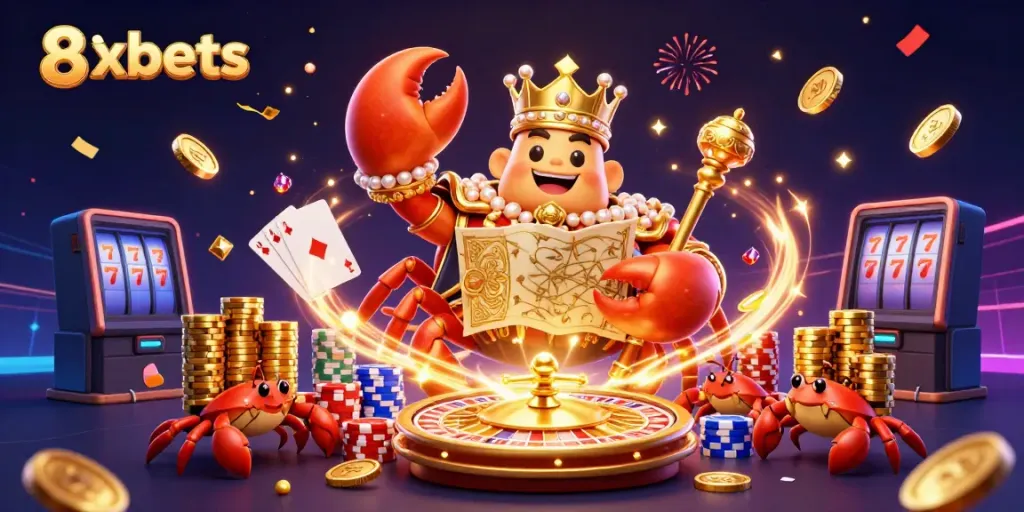 Experience excitement at 8xbets with a golden crab emperor amidst a vibrant casino scene featuring treasure and games.