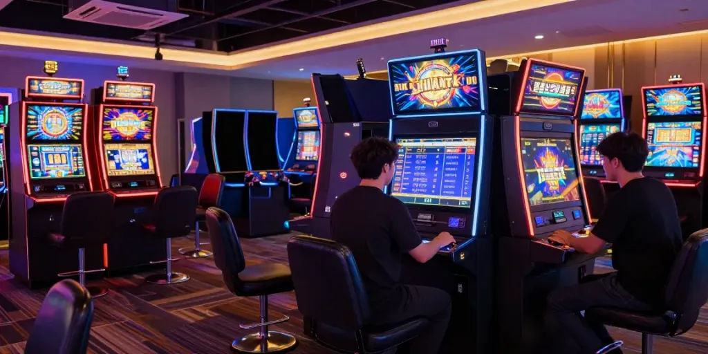 Exciting luxury333 slot gaming atmosphere with vibrant machines and engaged players.