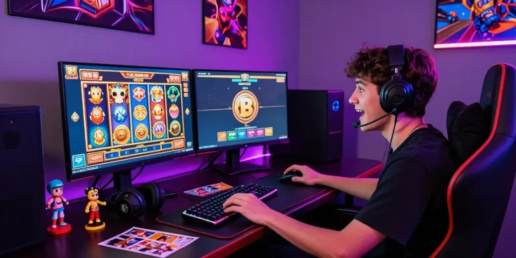 Permainan slot777 online yang menarik, dengan pemain bersemangat di ruang permainan modern.