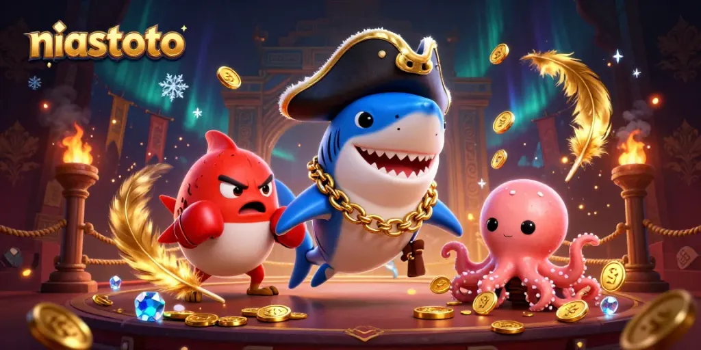 Ilustrasi niastoto menggambarkan hiu bajak laut 3D lucu dengan pufferfish marah dan anak cumi memegang koin emas.