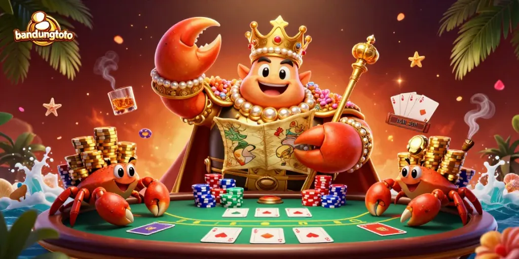 Join the excitement at bandungtoto as the golden crab emperor oversees a thrilling poker scene.