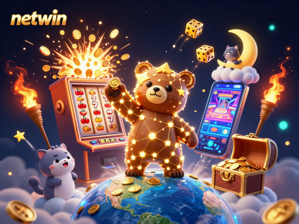 Engage with netwin's exciting gaming experience, showcasing animated characters and vibrant casino elements.