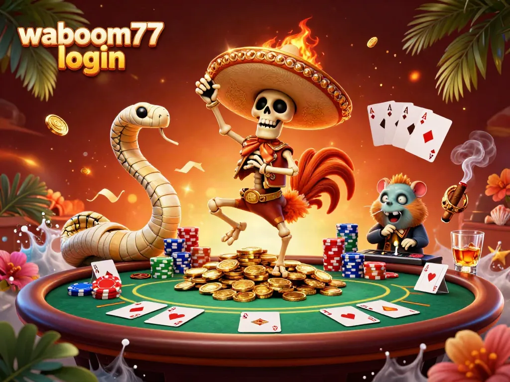 Spin into action with Waboom77 login featuring a vibrant 3D casino scene with lively characters and poker elements.