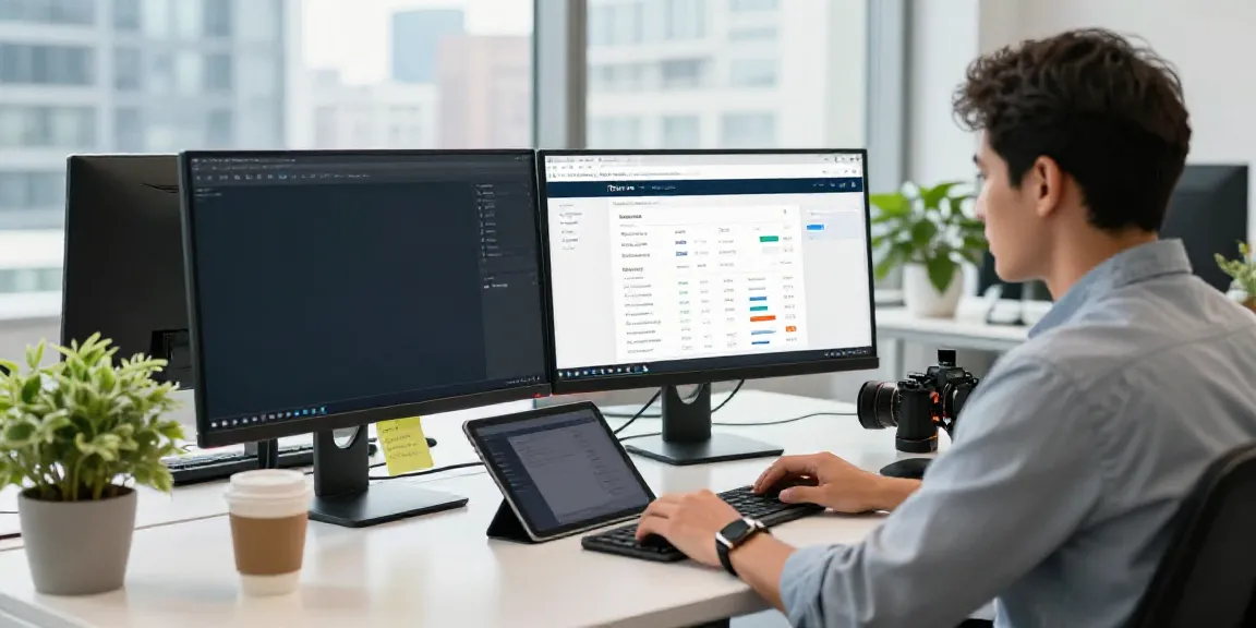 Digital marketer optimizing website for instant indexing in a modern office.