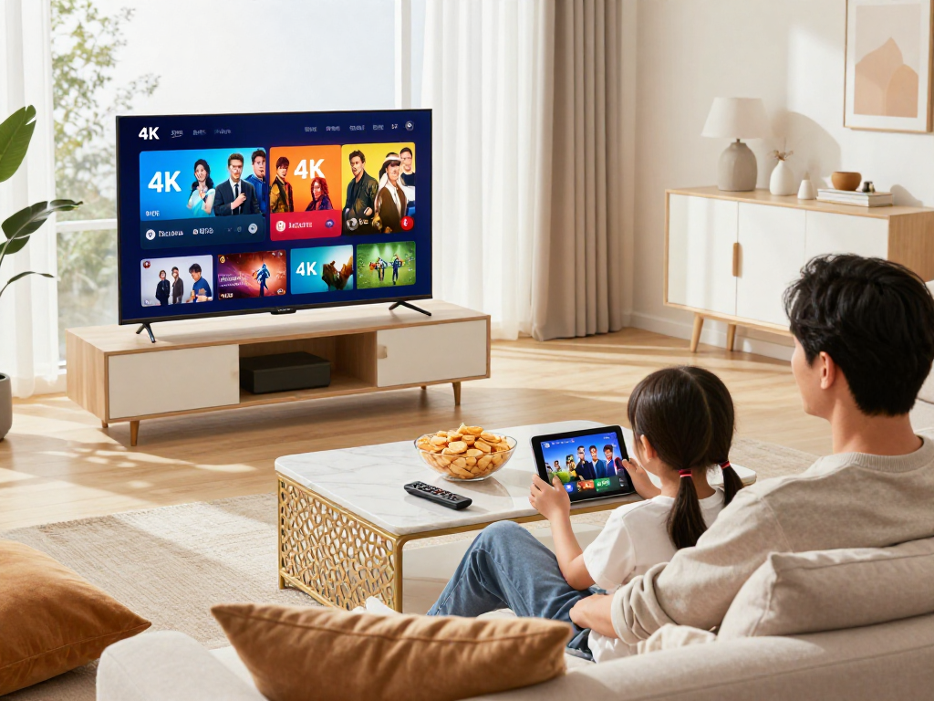 Gezellige woonkamer met gezin dat geniet van IPTV aanbieder service met 4K-inhoud.