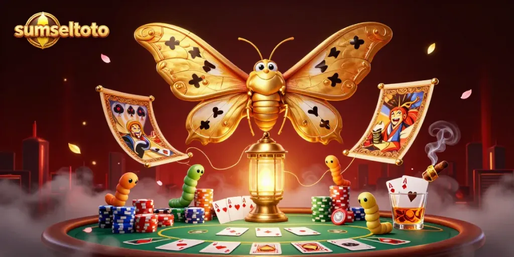 Experience thrills with sumseltoto as a majestic atlas moth presides over a vibrant casino scene.