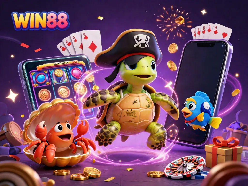 Win88-themed illustration featuring a pirate turtle, crab, and parrotfish amidst dynamic slot game elements.
