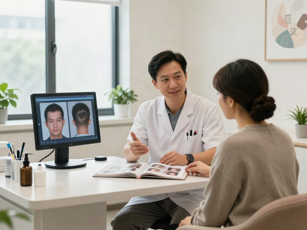 Hair transplant turkey cost consultation in modern clinic with surgeon and patient discussing options.