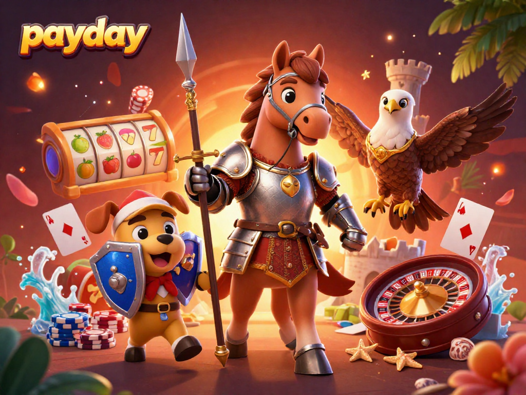 Experience payday wins in this lively 3D casino scene with knights, slots, and poker chips.