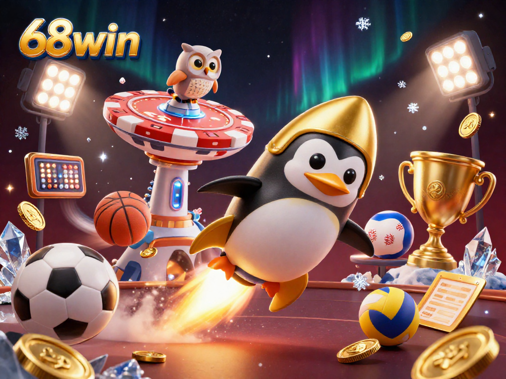 Experience thrilling gameplay at 68win with the golden penguin racing towards a casino space adventure.