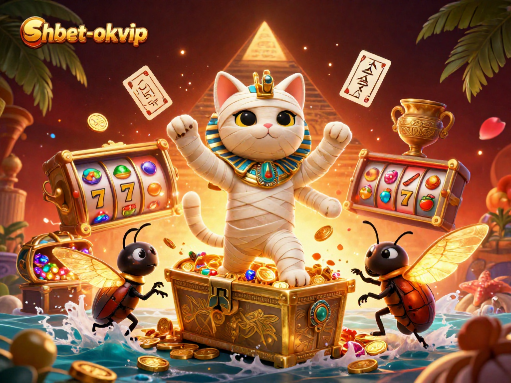 Win big with shbet-okvip: A thrilling Egyptian casino scene bursting with action and colorful slot elements.