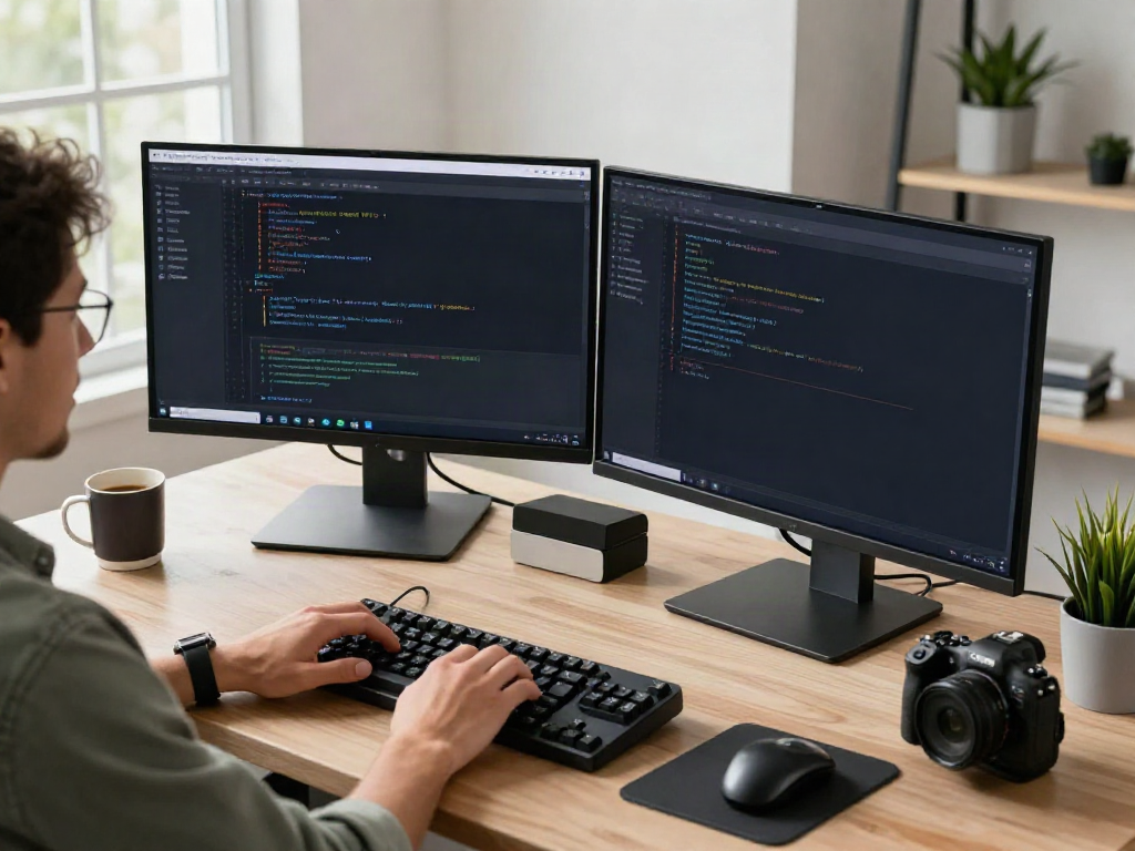 Developer integrating OpenAI-compatible API in a modern workspace setting with dual monitors.