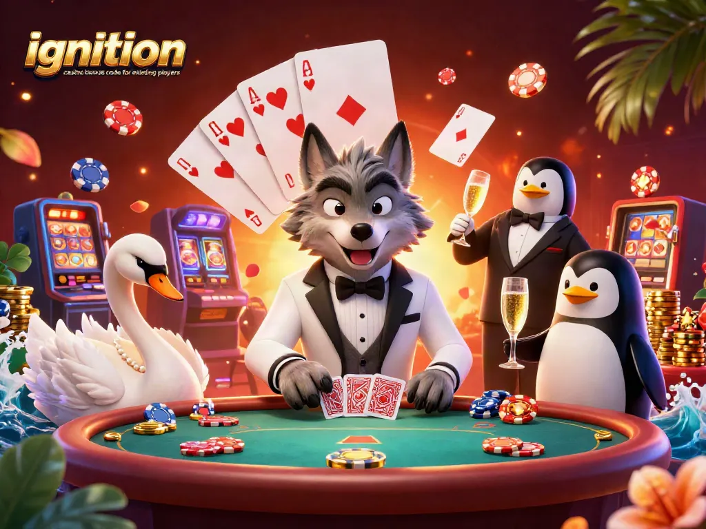 Engage with ignition casino bonus code for existing players in a vibrant poker setting featuring 3D characters.