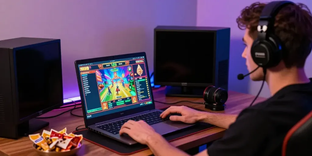 Exciting gaming atmosphere with a player focusing on the link slot777 game on a laptop.