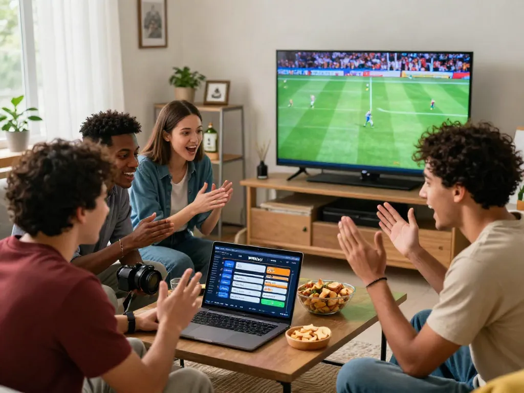Friends enjoying a lively sports betting session on WWBOLA with snacks and football match on TV.