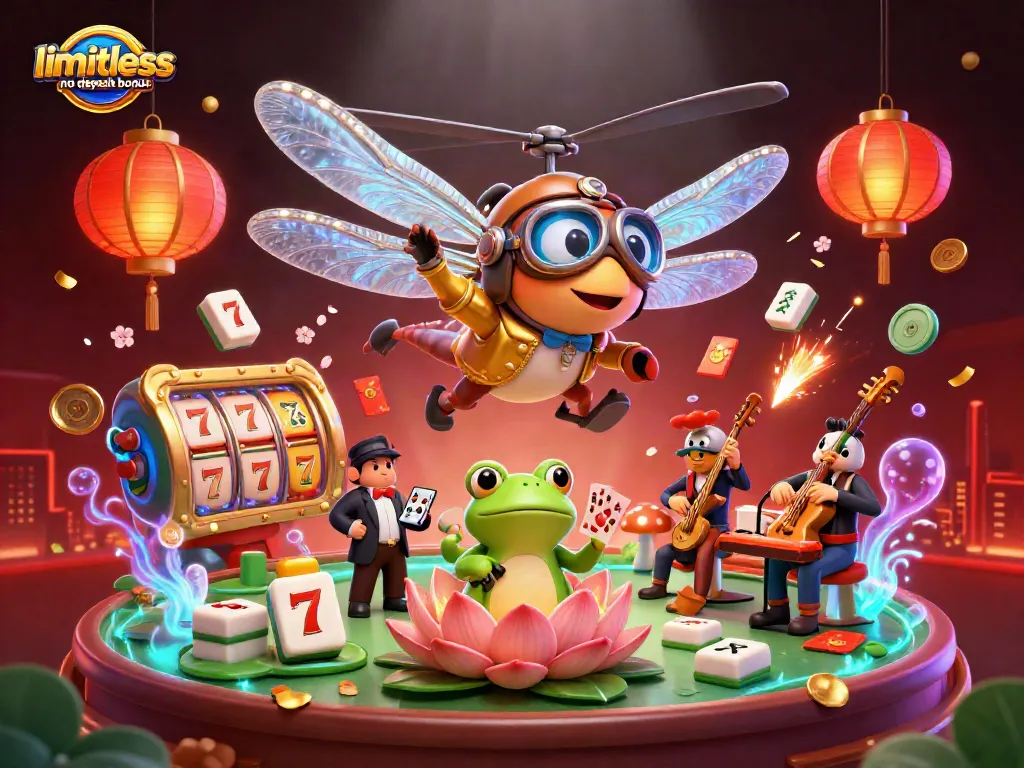 Experience the excitement of limitless no deposit bonus at a vibrant lily pad casino, featuring engaging characters and lively elements.