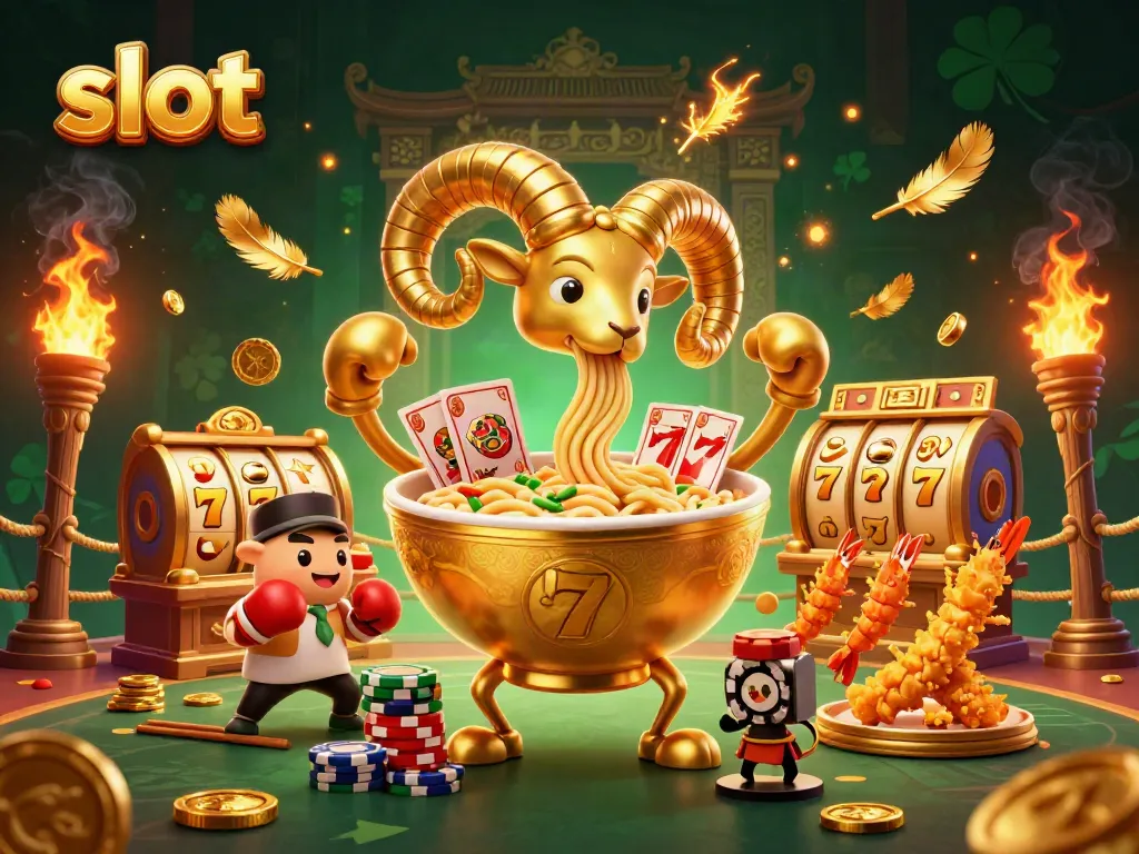 Engage with exciting slot games through a unique 3D cartoon illustration of a ramen bowl and casino characters.