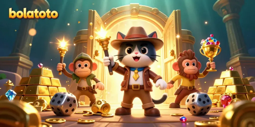 Engage with bolatoto as our explorer cat uncovers a golden casino artifact amidst treasure.