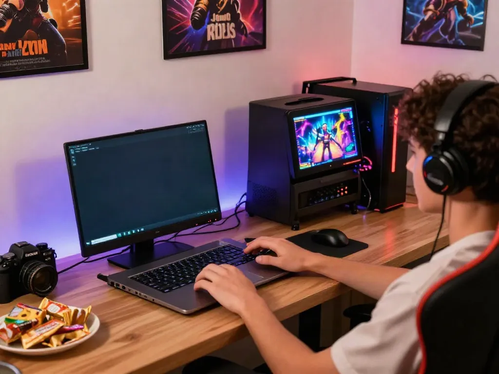 Player exploring luxury12 slot game in a cozy gaming setup with vibrant lights.