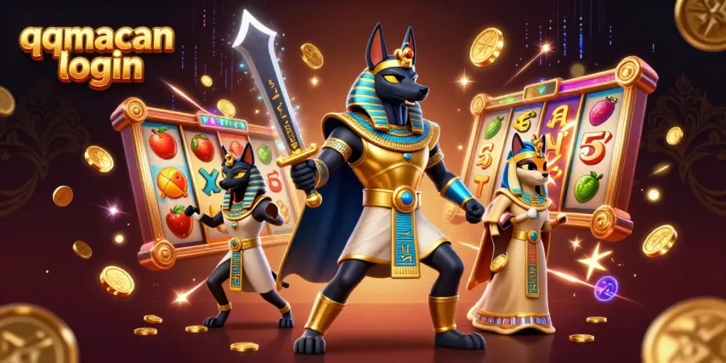 Engage with exciting gambling action in a vibrant illustration featuring the qqmacan login brand amidst spinning slot reels and sparkling gold coins.