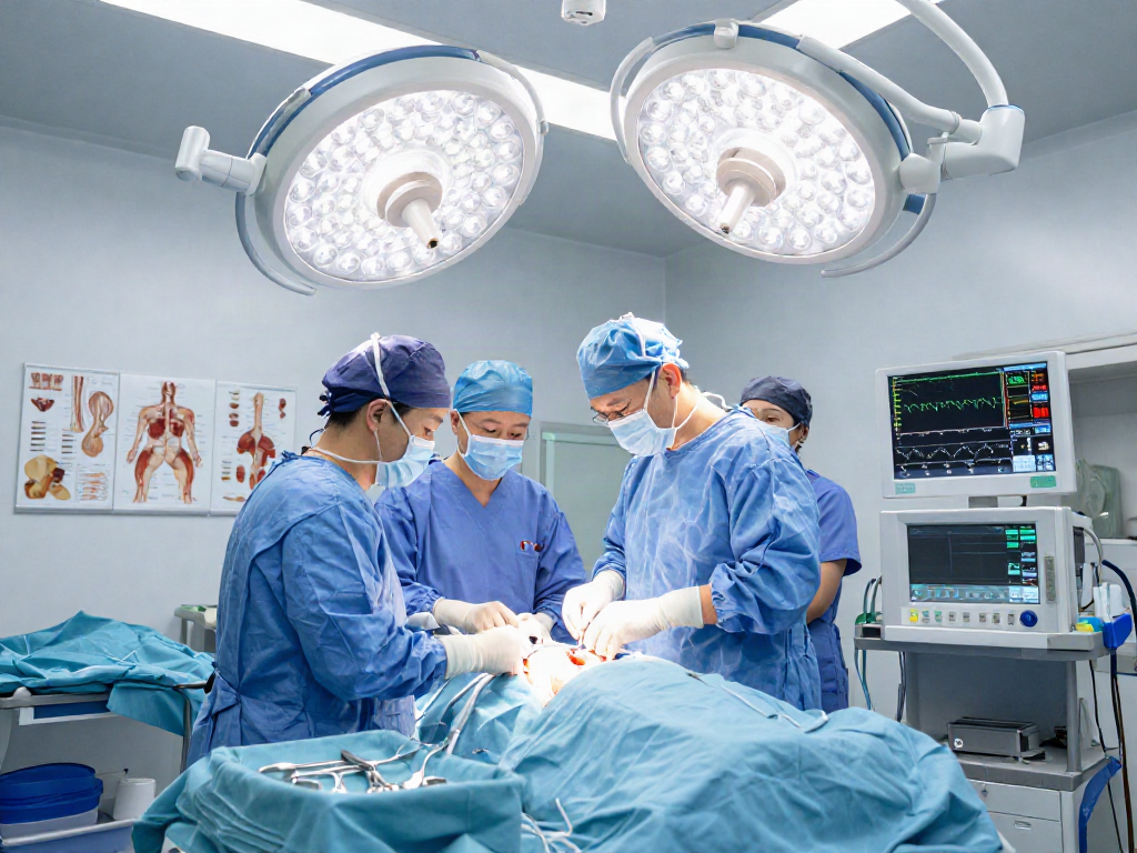 Thoracic surgery in action with a surgeon and team using robotic instruments in a bright operating room