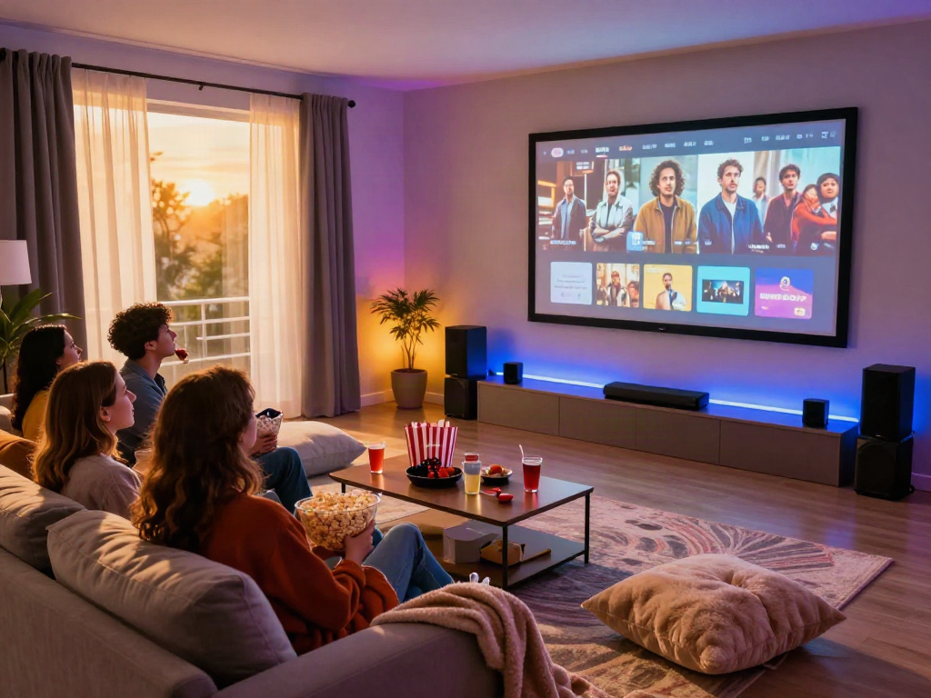 Friends enjoying a movie night with Moviebox app download, cozy home theater setup with snacks and ambient lighting.