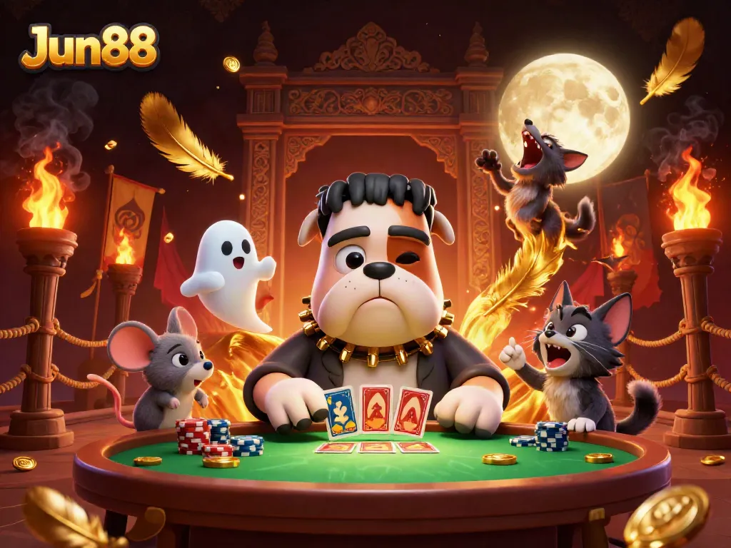 Jun88 features a spooky casino scene with a cartoon bulldog monster dealing cards and a ghost mouse among gold tokens.