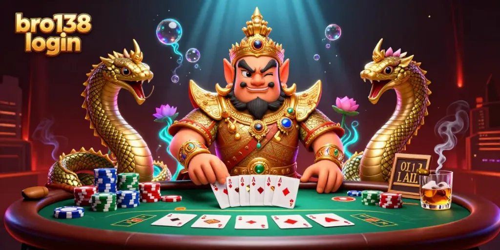 Engage with thrilling poker action at bro138 login featuring guardian and Naga in vibrant illustration.