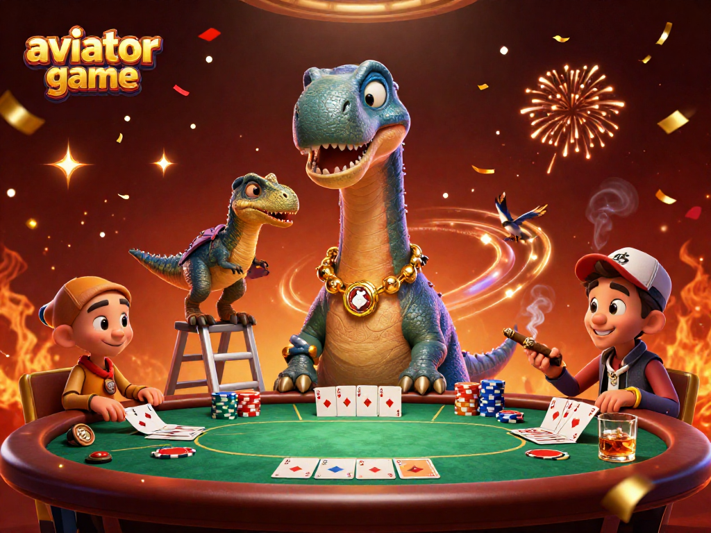 Engage in the thrilling aviator game with a fun cartoon dinosaur scene in a vibrant casino