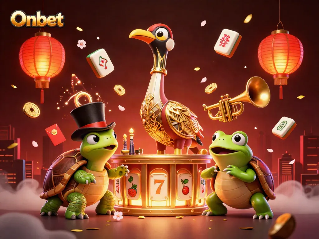Engage in Onbet, featuring lively 3D casino characters surrounded by vibrant slot elements and festive decorations.