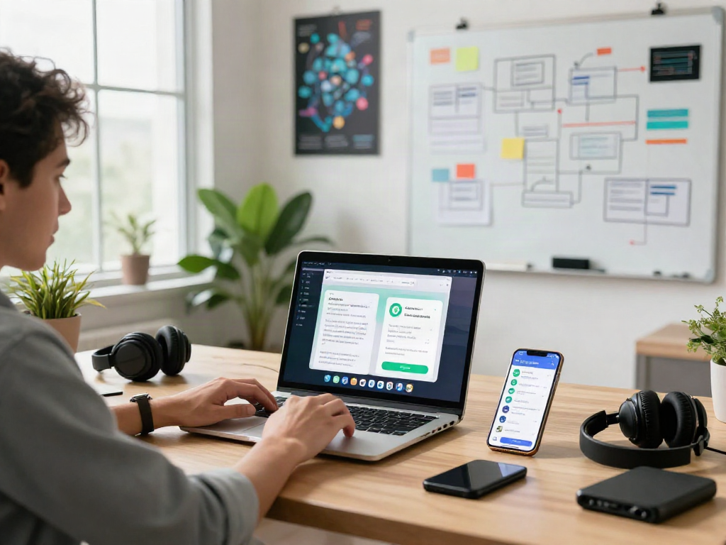 Engaged user utilizing GB WhatsApp on a sleek laptop in a vibrant office workspace with modern tech.
